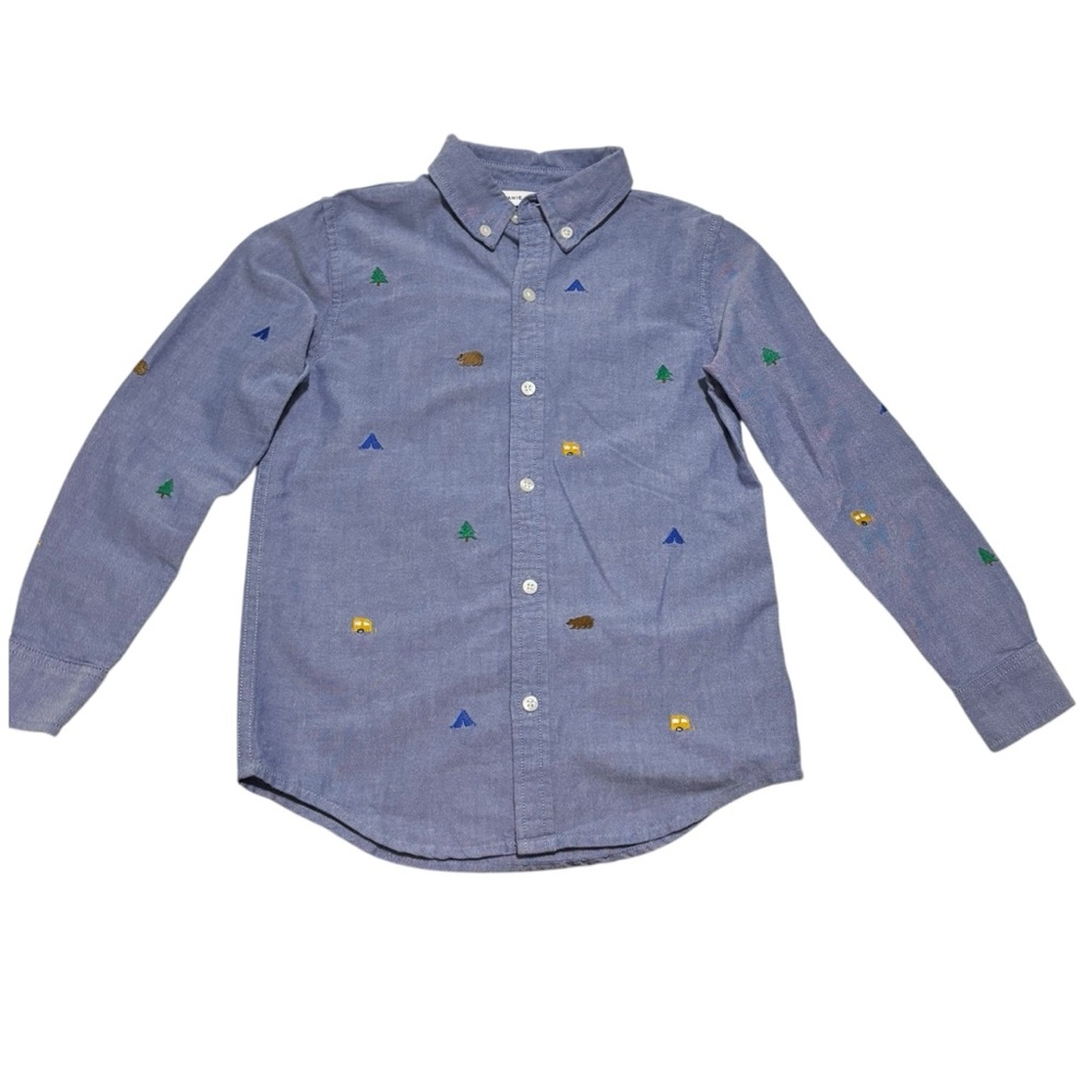 Janie and Jack boy’s Chambray embroidered Camping theme Oxford shirt size 6